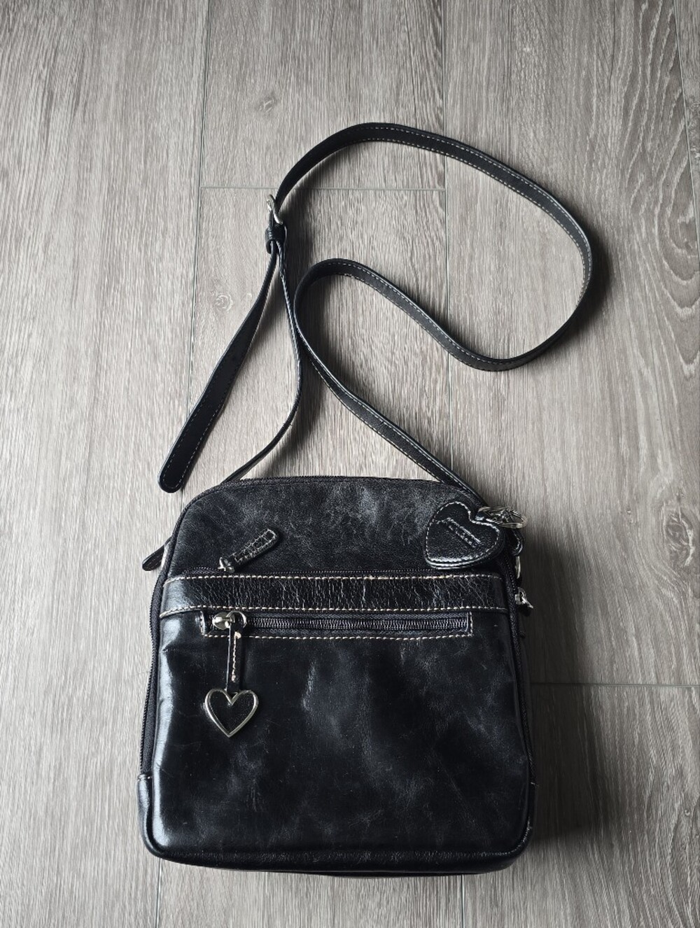 Aurielle Genuine Leather Black Crossbody Bag Heart Charm Multi Zip Organizer